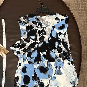 Calvin Klein Black and Blue Asymmetrical Long Sleeve Blouse with Silver Bar